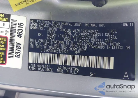 2012 Toyota Sienna Xle V6 8 Passenger from USA, damaged, VIN 5TDYK3DC4CS179423